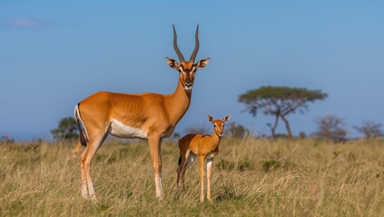 Kobus antelope with calf in African grassland