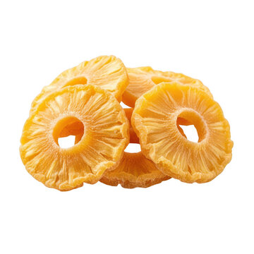 A close up of four dried pineapple rings with detailed texture perfect for food design on transparent background