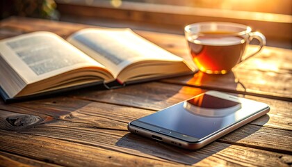 Fototapeta premium Golden hour tranquility An open book, a comforting cup of tea, and a modern smartphone on a rustic wooden table, symbolizing a blend of digital and analog relaxation