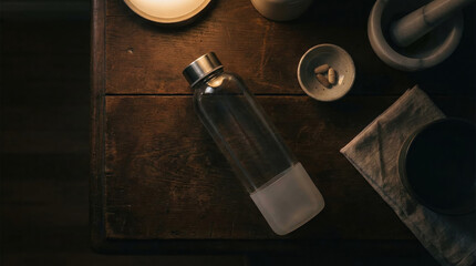Glass Bottle with Liquid, Wooden Surface, Minimalist Setup