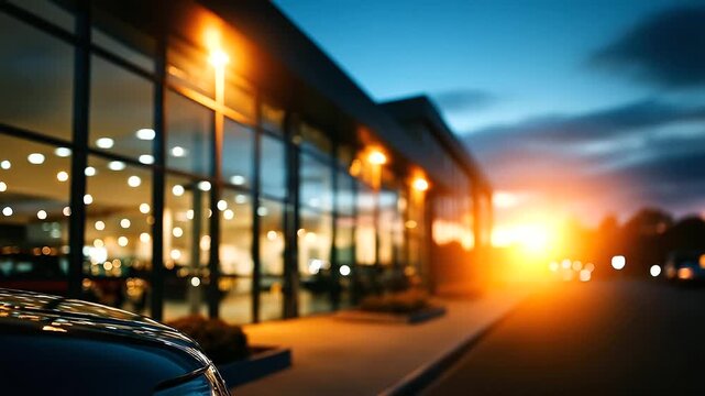 Vehicle dealership building blurred exterior photo defocused modern business background automobile showroom architecture commercial facility display automotive retail