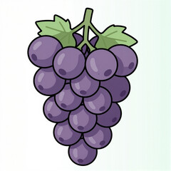 Fototapeta premium Cartoon cluster of purple grapes with green leaves on a white background
