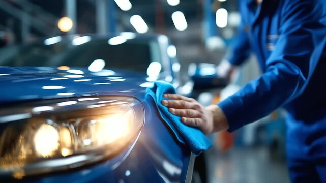 Vehicle detailing with blue protective wear polishing shiny surface faceless detailer defocused auto body shop background microfiber cloth application reflecting bright lights