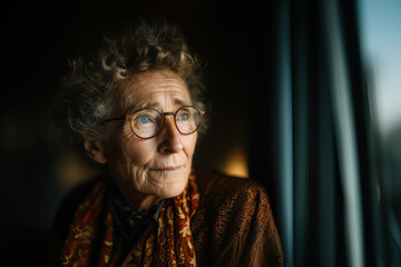 Thoughtful Elderly Woman with Curly Gray Hair and Glasses Gazing Sideways by Window with Warm Light and Colorful Scarf Portrait