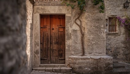Kotor, Montenegro - 04.29.2025: weathered door in a stone wall of the historic town