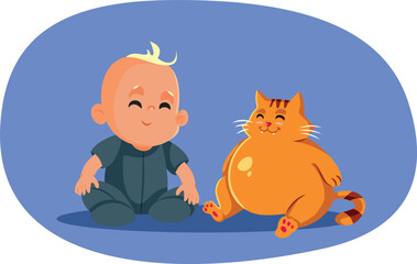 Happy Baby Befriends Family Cat Pet Abstract Vector Illustration.  Kitty feeling curious and affectionate towards little human 
