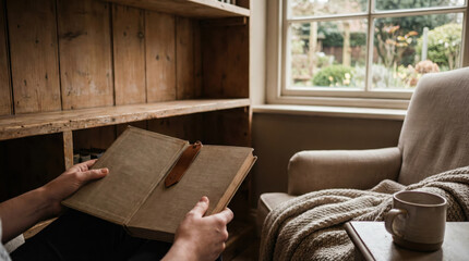 Person reading an open book near a window with a cozy mug on the side