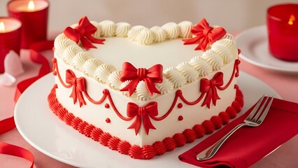 Naklejka premium Delicious valentine's day heart shaped cake with red bows and white frosting