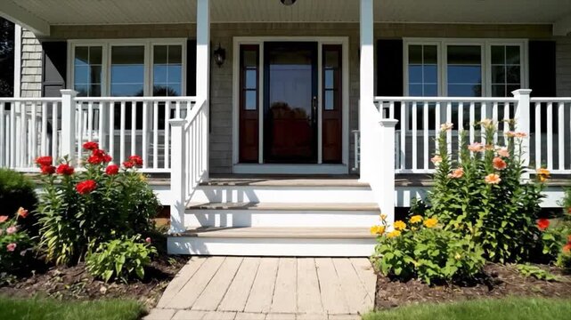 A welcoming front porch with steps and railings, adorned with blooming red and orange flowers