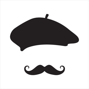 Beret hat and moustache silhouette, Black french beret hat silhouette vector illustration, 