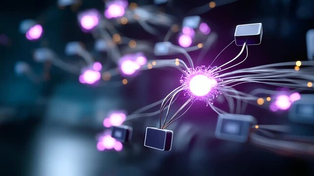 Workflow automation artificial intelligence software interface nodes triggers defocused data tool dashboard background coding icon flow process technology 3D rendering