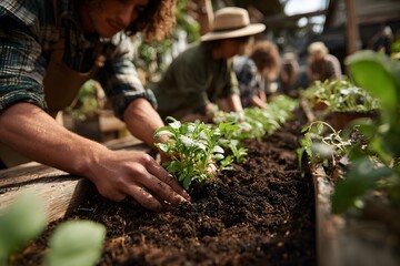 Neighbourhood volunteers watering and planting in a shared garden space, eco-friendly gardening