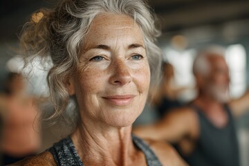 Fit senior woman practising balance exercises in a supportive class environment, senior fitness