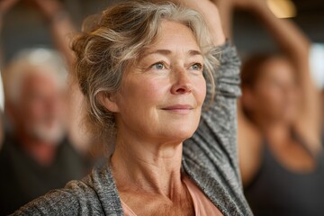 Senior lady improving balance and mobility at an indoor fitness class, injury prevention
