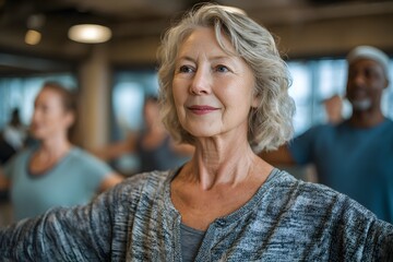 Senior adult woman working on stability exercises in a group exercise session, active lifestyle