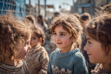 Young children outdoors Syrian childhood, smiling together