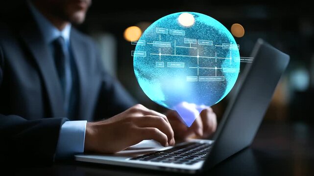 Workflow automation business process mapping concept faceless businessman using laptop defocused flowchart interface background representing automated planning flow system