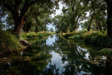 Lush wetlands with reeds and aquatic plants, ecosystem and conservation, green vegetation