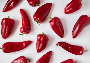 Ripe red bell peppers close-up on a white background.