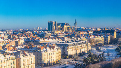 Nantes city downtown under winter snow France