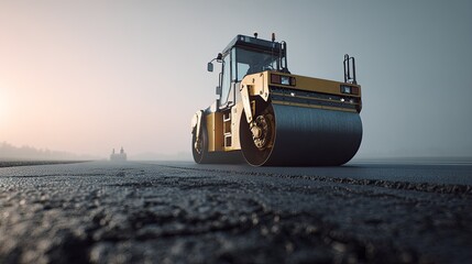 Road Roller Compacting Asphalt on a New Road Under Hazy Morning Sky.