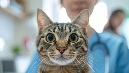 Close up portrait of a curious tabby cat with large green eyes being held by a veterinarian wearing blue scrubs