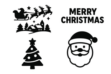 Fototapeta premium Black and white Christmas icons featuring Santa Claus and winter village