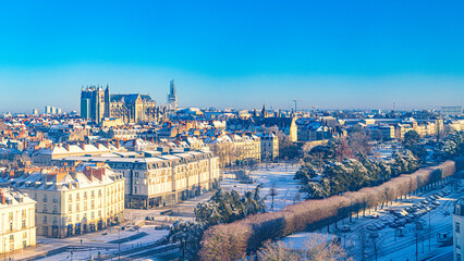 Nantes city downtown under winter snow France © Olivier