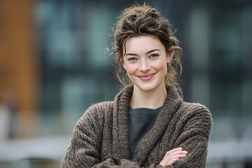 Young woman in United Kingdom Smiling Outdoors, lifestyle portrait