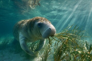Dugong grazing on seagrass in a seagrass meadow, coastal biodiversity