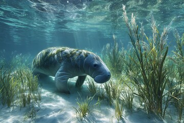 Underwater dugong grazing in shallow coastal waters, underwater scene
