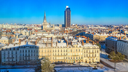 Nantes city downtown under winter snow France © Olivier