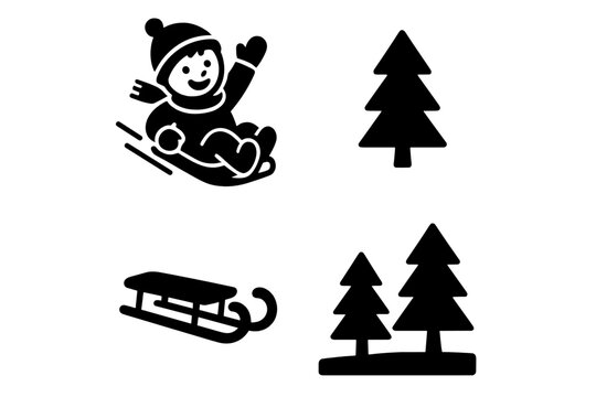 Child riding a sled and various evergreen pine trees, black and white winter icons