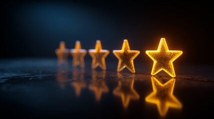 Glowing golden star rating concept with five star scale for customer review quality feedback and business success symbol