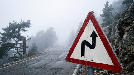 Winding Road Warning Sign on a Misty Mountain Highway with Foggy Pine Forest Background