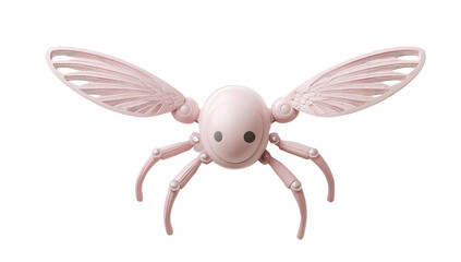 Pale pink robotic insect with wings, 6 legs, and rounded features on black