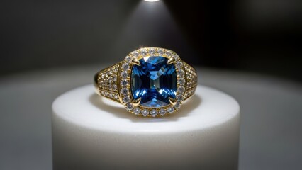 Luxury blue sapphire ring with diamond details on white pedestal