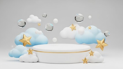 Dreamy white podium with clouds and stars