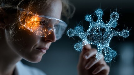 Scientist intensely studies complex molecular structure in futuristic laboratory, visualizing microscopic world with illuminated data