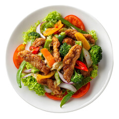 Stir-Fried Beef with Bell Peppers and Onions on White Plate Closeup