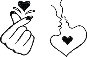Obraz premium Black ink of hand gesture and kissing couple profile with hearts love