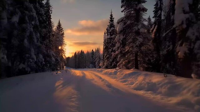 Snowy forest path at sunset with trees lining the way in winter landscape