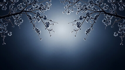 Moonlit Blossoming Branches at Night &ndash; Airy Watercolor Silhouettes on Midnight Blue to Silver Gradient with Copy Space for Nowruz Renewal
