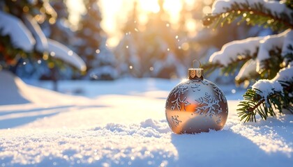 Christmas Ornament in Snowy Forest Landscape.