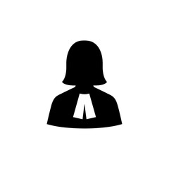 Female judge or lawyer silhouette icon. Black courtroom professional symbol with robe and collar. Flat design graphic for legal apps