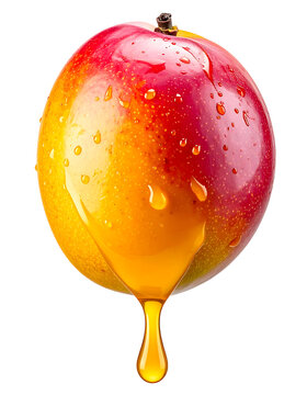 A ripe, colorful mango with a golden nectar drop, showcasing its juicy texture and tropical sweetness.