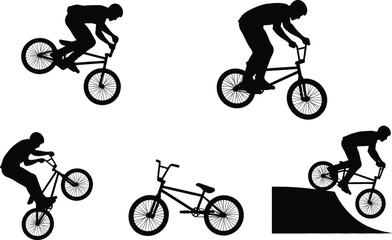 Obraz premium Silhouettes of B M X riders performing tricks on bicycles bike