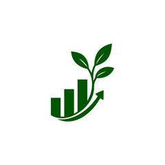 Green eco growth chart logo with leaves and upward arrow, flat vector icon