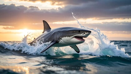 Fototapeta premium A great white shark leaps from ocean waves against a sunset sky. Water sprays, illustrating the apex predator's powerful presence
