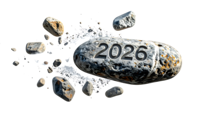 A solid rock engraved with "2026" surrounded by flying stone fragments and debris.